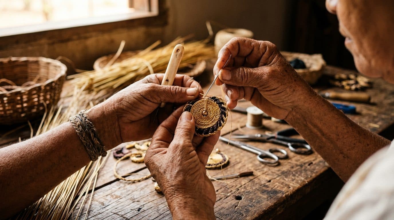 Mãos do mestre artesão Gaúcho trançando capim dourado